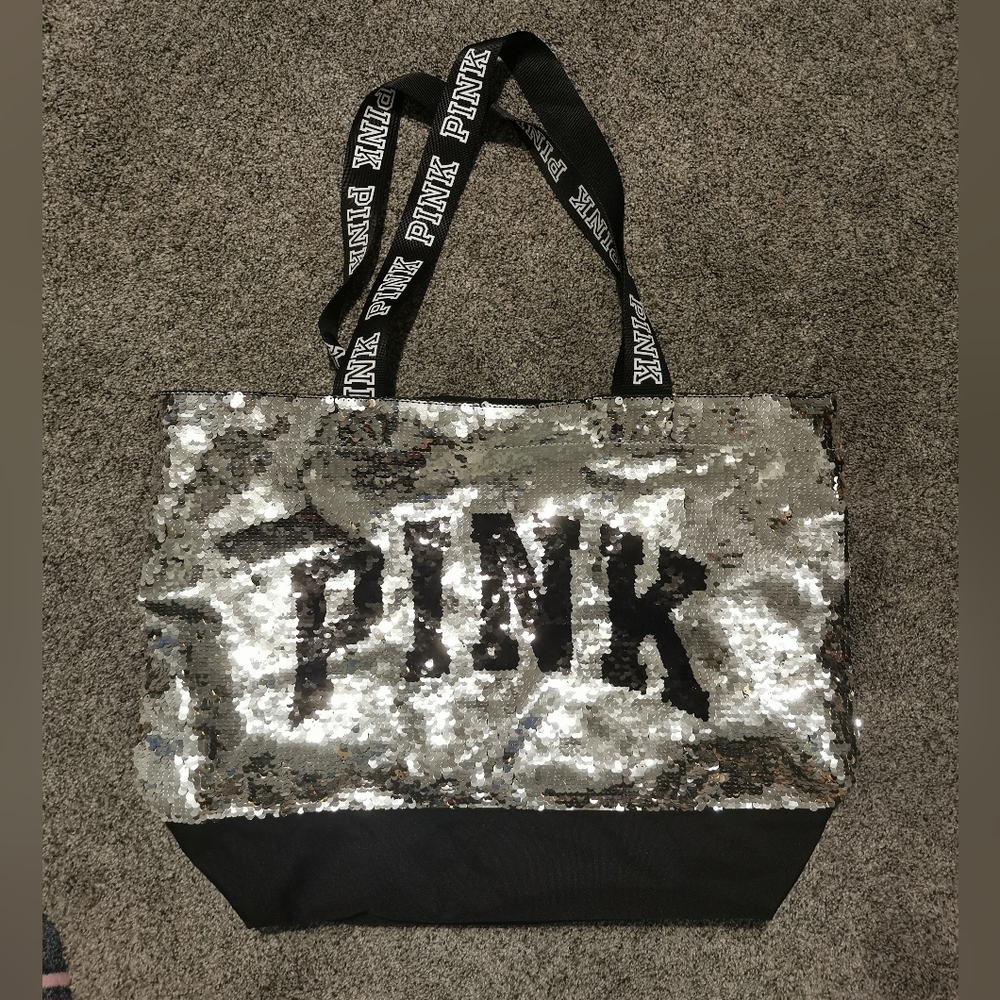 NWOT Victoria's Secret PINK large silver black embellished sequined tote bag